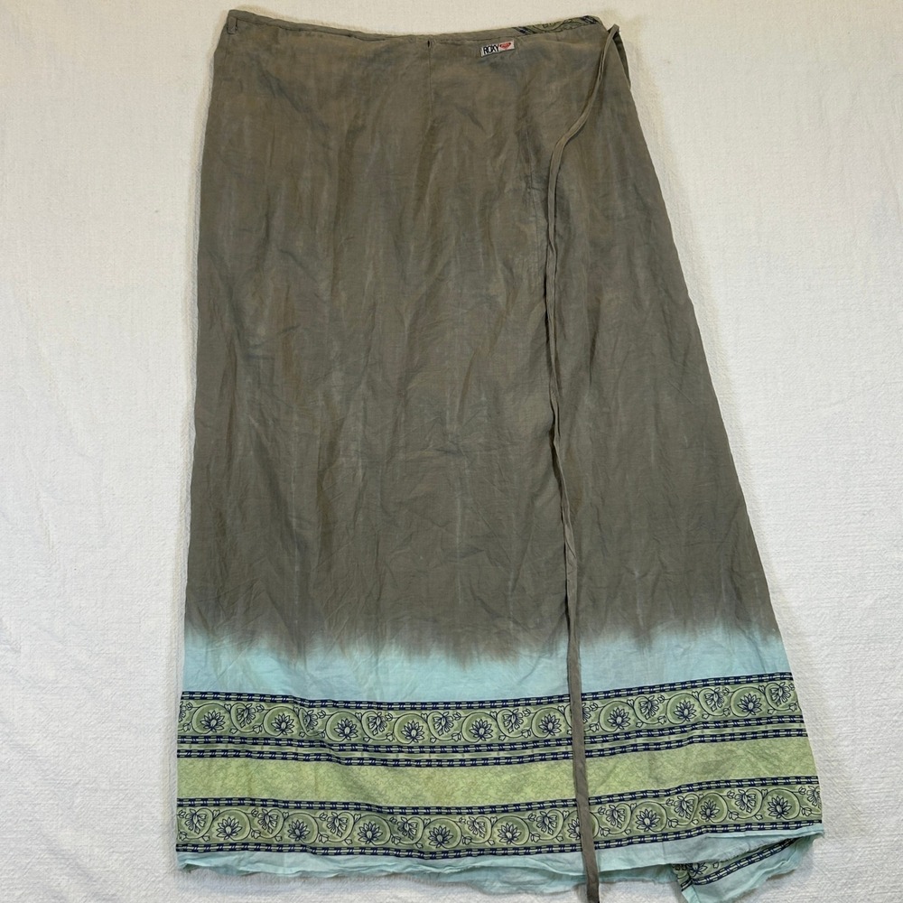 Vintage Roxy Wrap Skirt Olive Green Floral Boho Midi Cotton USA Made M